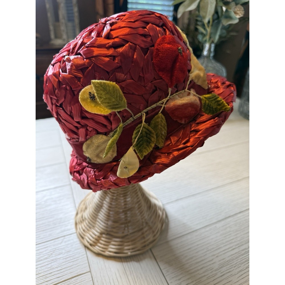 Vintage Red Straw Hat with Floral Stem Leaves 1960s Union Made Women's Cap Artsy